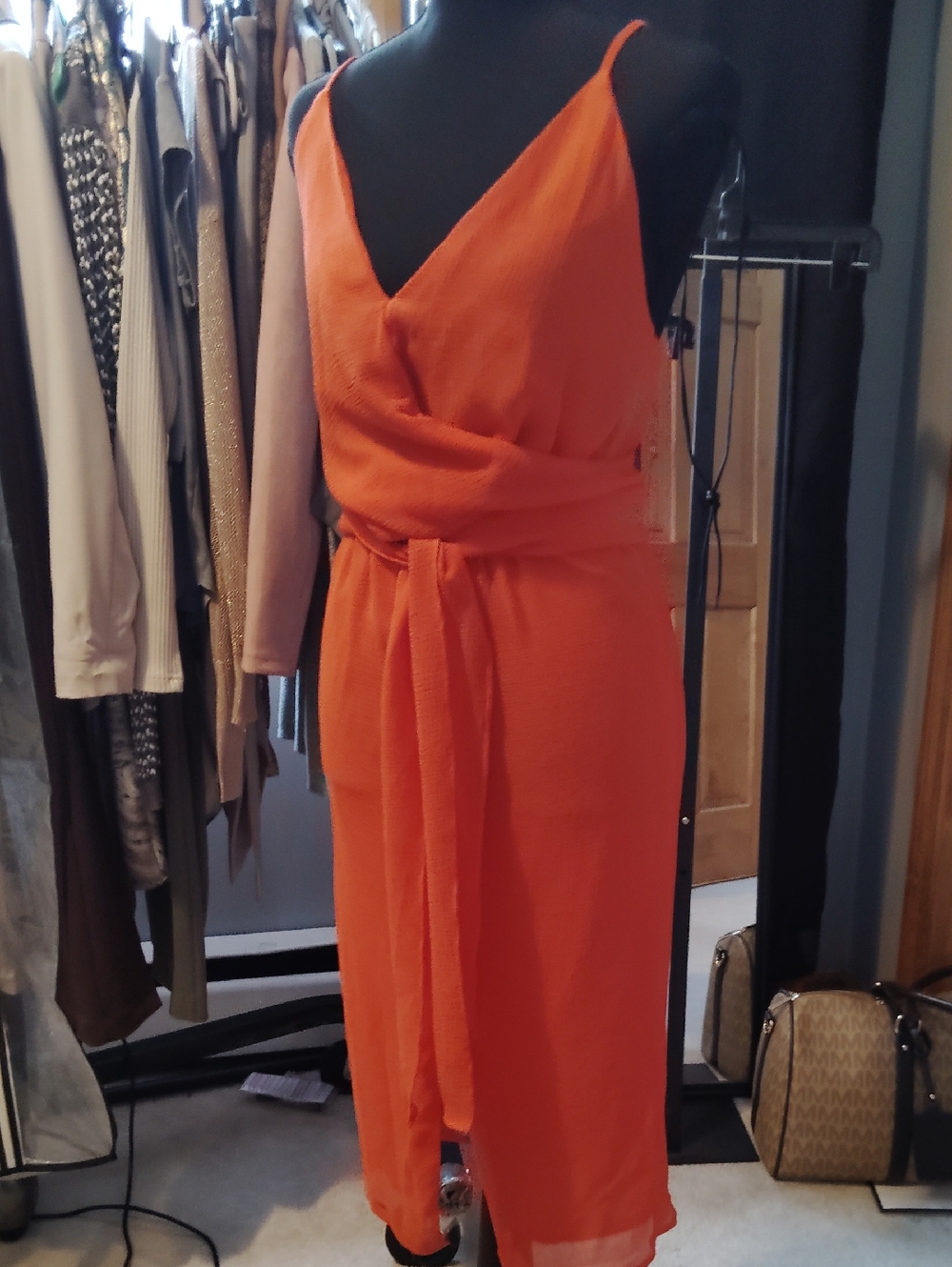 Spaghetti Strap Persimmon Wrap Midi Dress with Self-Tie Waist Chiffon S NWT $88
